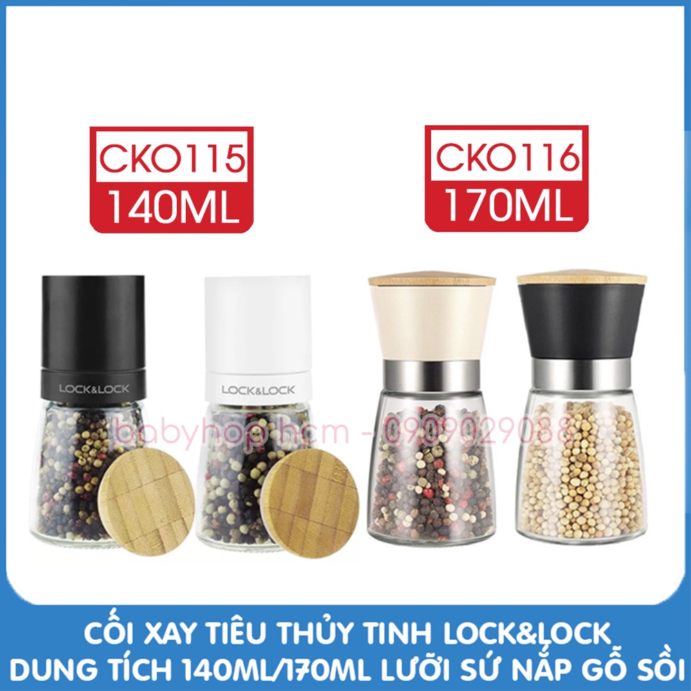 Cối xay tiêu thủy tinh Lock&Lock dung tích 140ml/170ml lưỡi sứ nắp gỗ sồi tiện dụng CKO115 CKO116