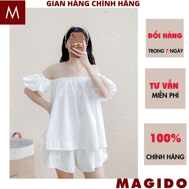 Set áo Trễ Vai Nữ Tay Bồng Kèm quần short chất thô mềm- áo babydoll nữ quần sooc ống rộng tiểu thư bánh bèo -MAGIDO