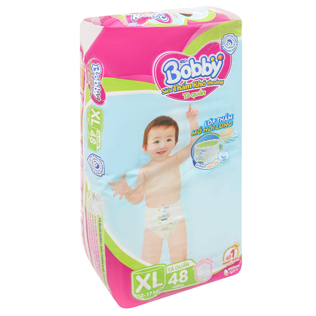 [CHÍNH HÃNG] Bỉm - Tã Quần Bobby Siêu Thấm Khô Thoáng Size XL48 (Lớp thấm mồ hôi lưng, cho bé 12-17kg)