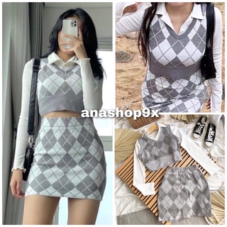 ♂❐۩Set váy áo croptop chân [FREESHIP] 3 món kẻ xám kèm dài tay gile ngắn trắng bó anashop9x