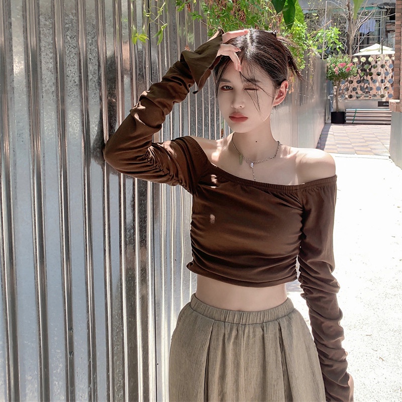 Set Áo Thun Lửng Tay Dài + Quần Dài Ống Rộng Thời Trang Nữ