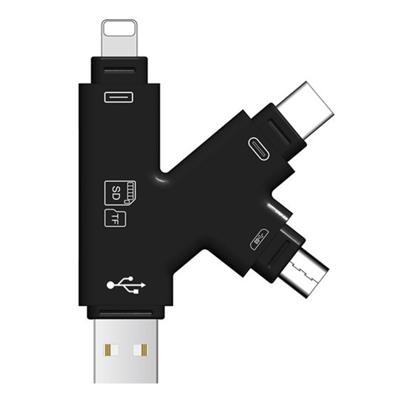 Type-C Micro-USB 4 in 1 Card Reader Adapter for iPad iPhone 12 11 Android MacBook OTG TF SD Reader Black