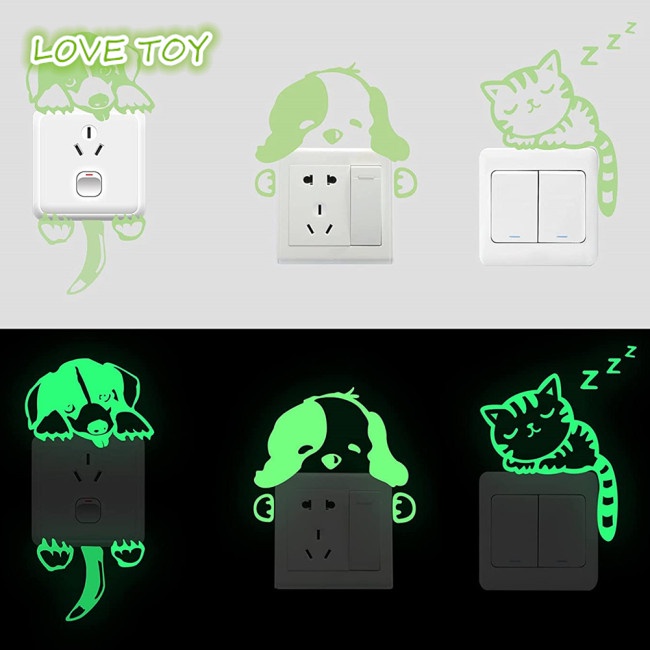 Nkodok Waterproof Luminous  Switch  Sticker Cartoon Cute Cats Dogs Pattern Decorative Wall Decals For Children Room