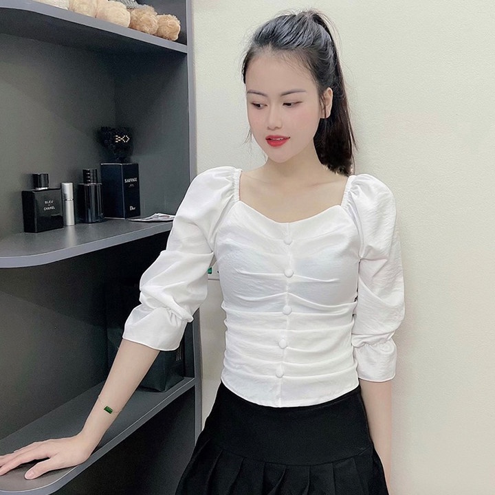 Áo Sơ Mi Nữ Kiểu Công Sở Cổ Vuông Tay Lỡ 5 Cúc - Màu Hồng Trắng Vàng Xanh Đỏ Đen Be - Hanlly Fashion Thời Trang Nữ - A23