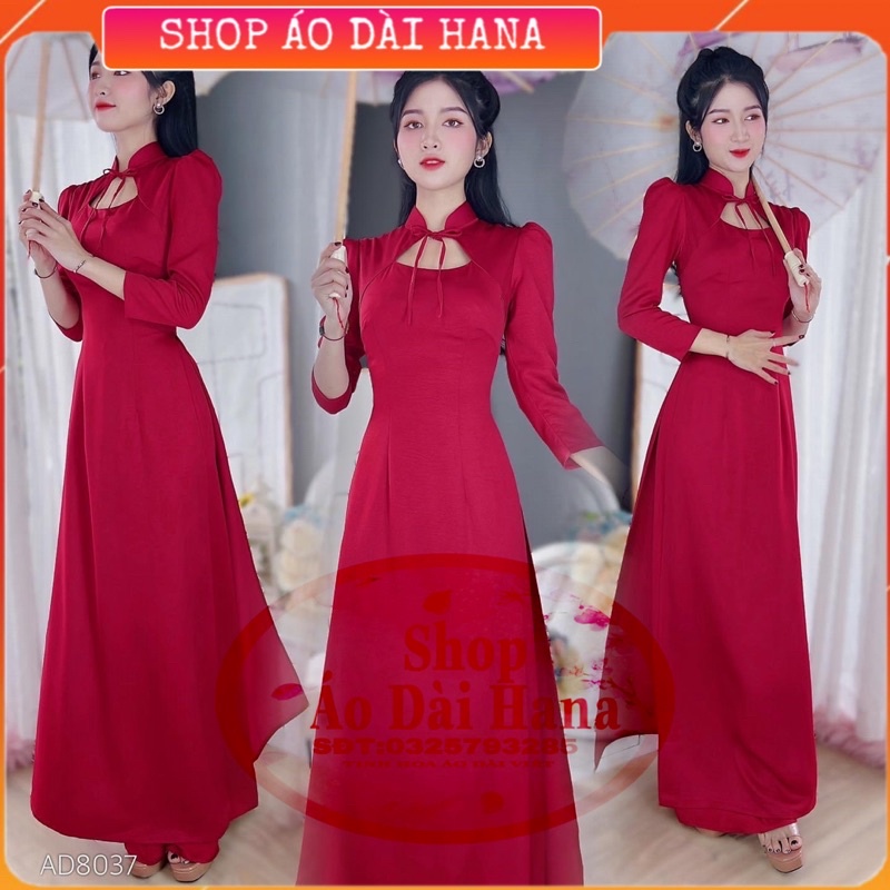 Áo dài cách tân nữ cổ truyền thống tay vai bồng lỡ, áo dài đỏ đô cổ thiết kế điệu có cột dây trẻ trung. Hàng may sẵn