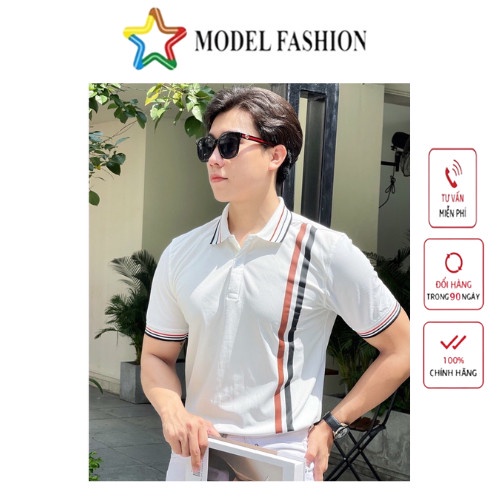 Áo thun polo nam nữ tay ngắn trắng sọc nâu dọc hàn quốc Model Fashion