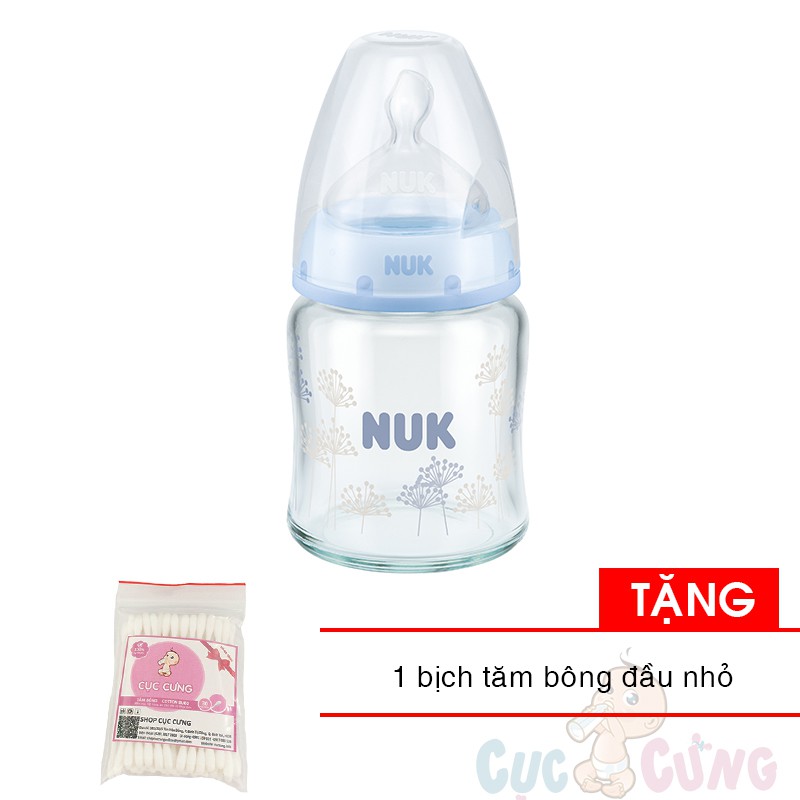 Bình sữa Nuk thủy tinh cổ rộng 120ml ty silicone - màu xanh dương - Tặng 1 tăm bông đầu nhỏ cho bé