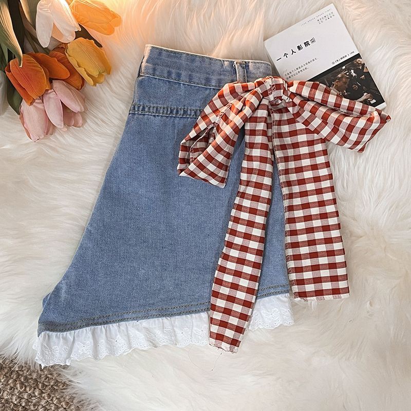 [Order] (I2) Quần short jeans Lolita phối ren thắt nơ đỏ loại đẹp