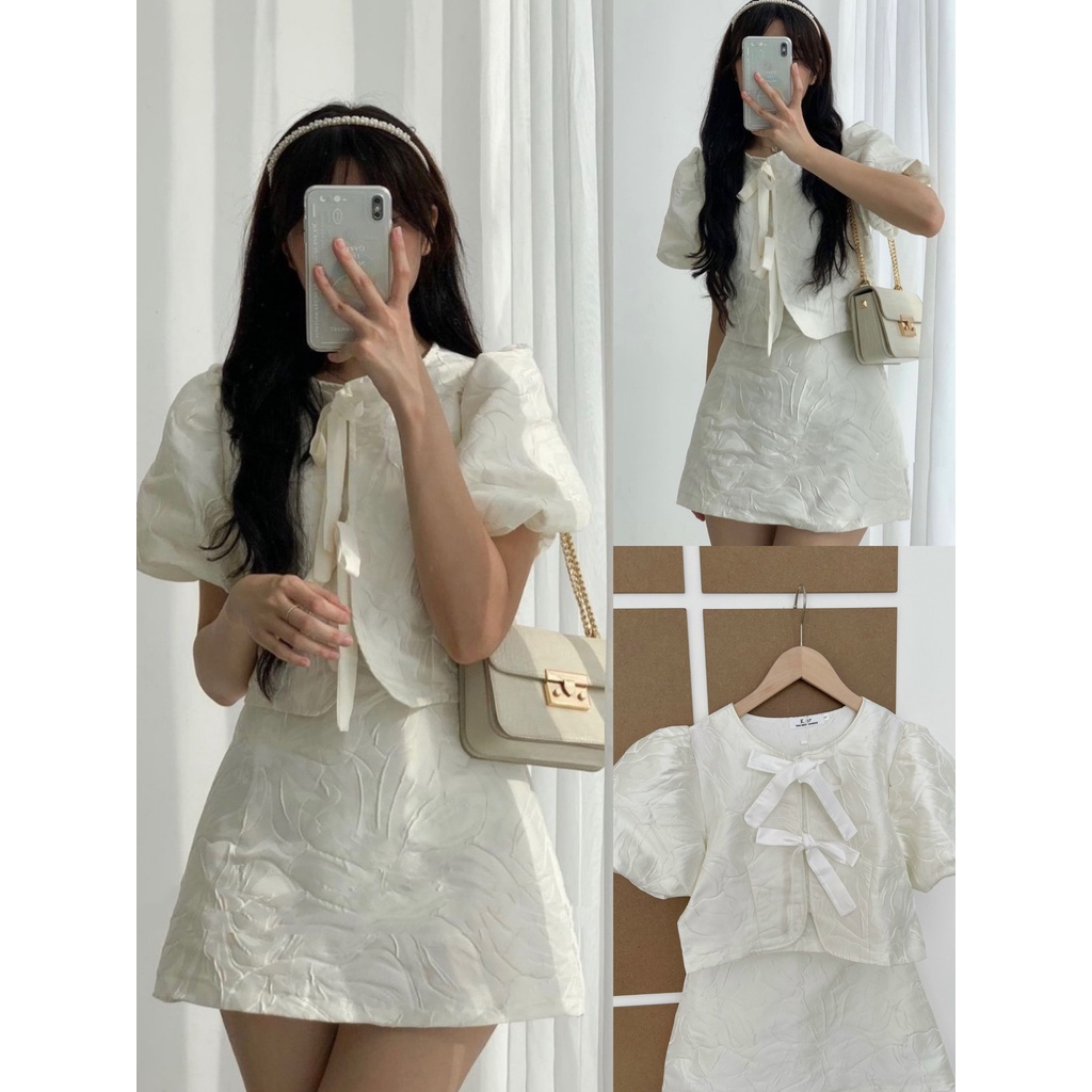 Set Áo Gấm Kèm Chân Váy Chữ A Áo Tay Bồng Buộc Nơ Dây