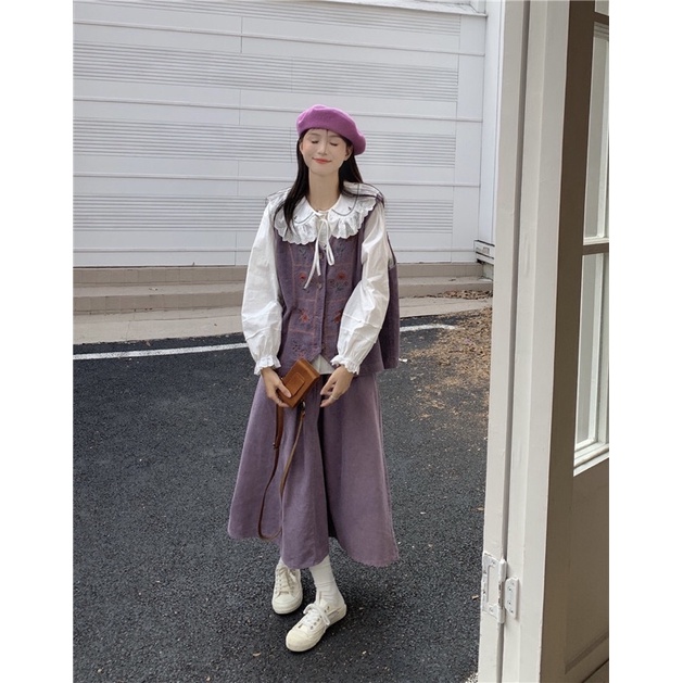 Set áo vest gile thêu vải nhung + chân váy dài + áo sơ mi dành cho nữ