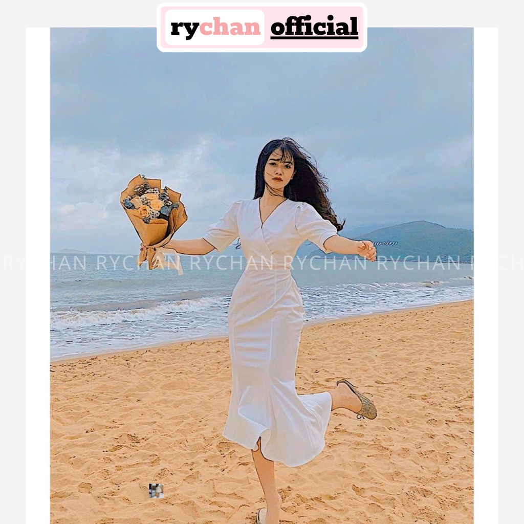 Đầm Đi Biển Maxi Trắng Đuôi Cá Đắp Cổ Tay Phồng Cột Lưng Lót Trong Dày Dặn [Ảnh Thật Cuối] - DM0107