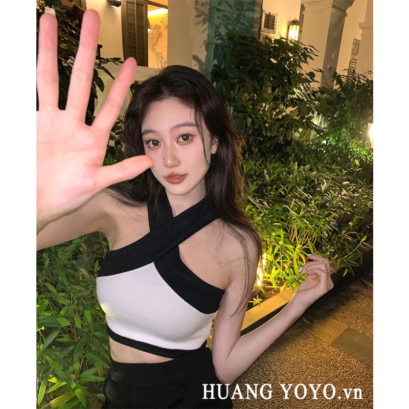 HUANG YOYO Áo croptop 2023 Áo Cổ Yếm Dệt Kim Không Tay Thời Trang Nữ