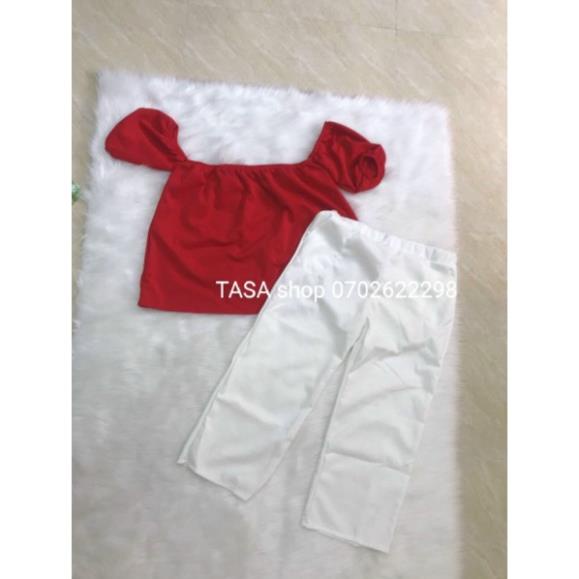 TBO-Video ảnh thật,Sét áo đỏ trễ vai tay rộng mặc 2 kiểu kèm quần trắng ống rộng cực cá tính TASA