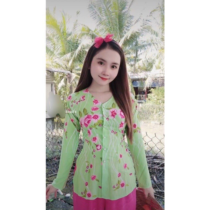 ÁO BÀ BA LỤA IN HOA ĐÀO XINH