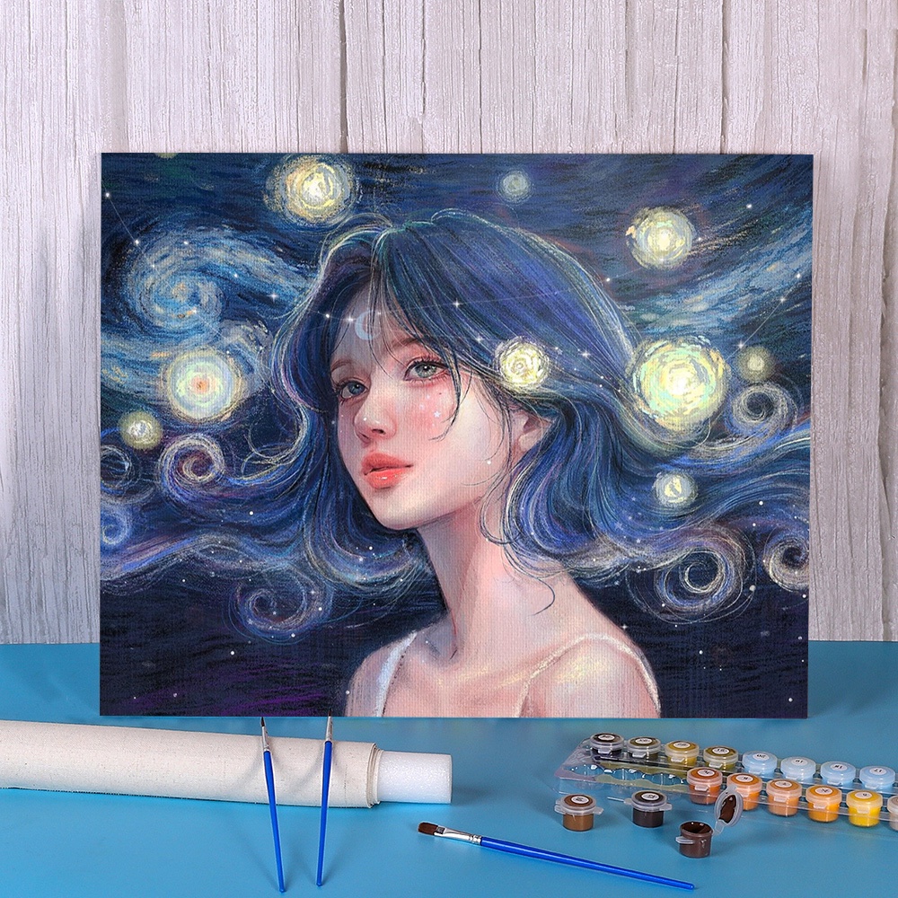 Tranh tô DROFE hình cô gái và mèo kích thước 40x50cm/20x30cm trang trí nhà cửa