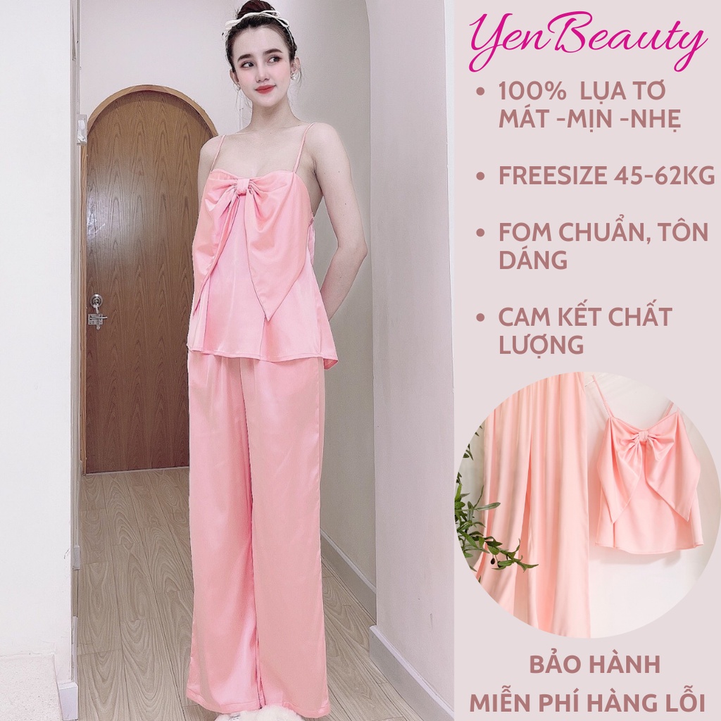 Đồ Bộ Lụa Tơ/Satin Dài Mặc Ở Nhà Nữ BIGBOW- Bộ Ngủ Nữ 2 Dây Nơ Sexy Mặc Nhà Mùa Hè, Bảng Màu Sang Chảnh - YENBEAUTY