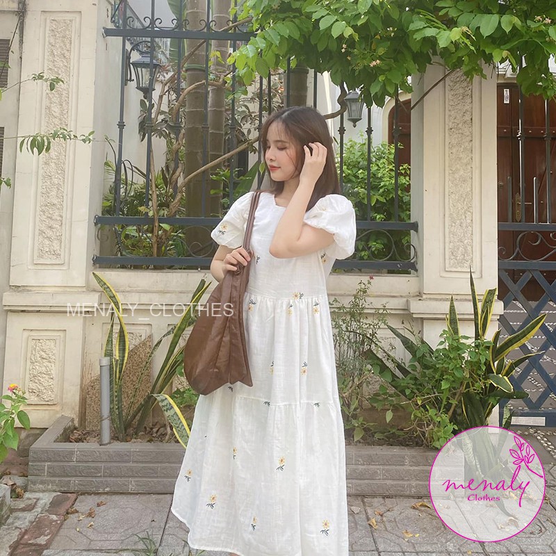 Đầm váy babydoll hoa nhí dáng dài tay bồng VH039, mẫu váy hoa cúc vintage qua gối bầu bí bon chen được