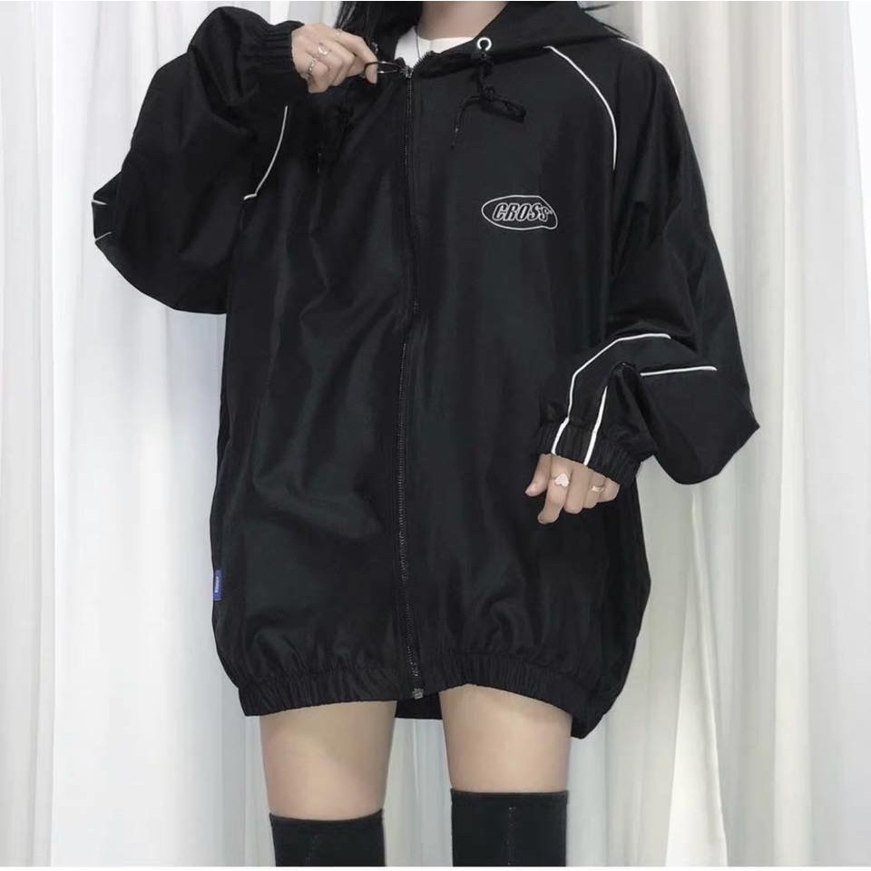 Áo khoác dù đen 2 viền trắng CROSS unisex nam nữ form rộng có nón vải 2 lớp cao cấp | Beway