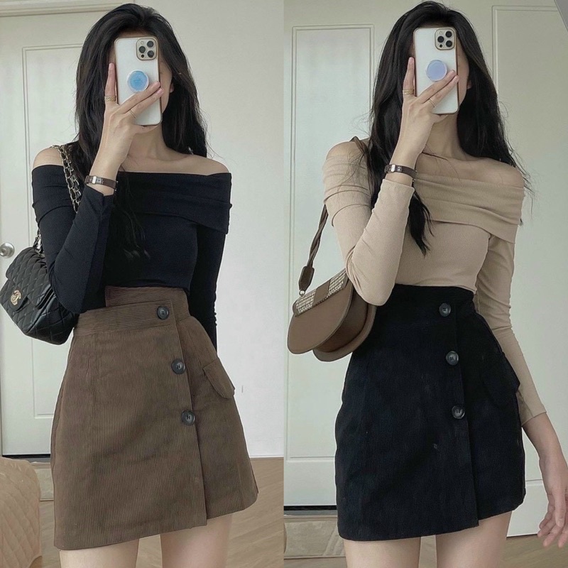 Chân váy nhung tăm dáng ngắn hàng QC vạt lệch Okella CV017 | BigBuy360 - bigbuy360.vn