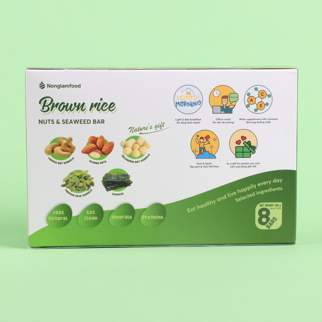 Thanh gạo lứt ngũ cốc rong biển Nông Lâm Food hộp 8 thanh 136g,Macca,Hạnh nhân,Đậu phộng,Hạt điều,ngon miệng dễ ăn