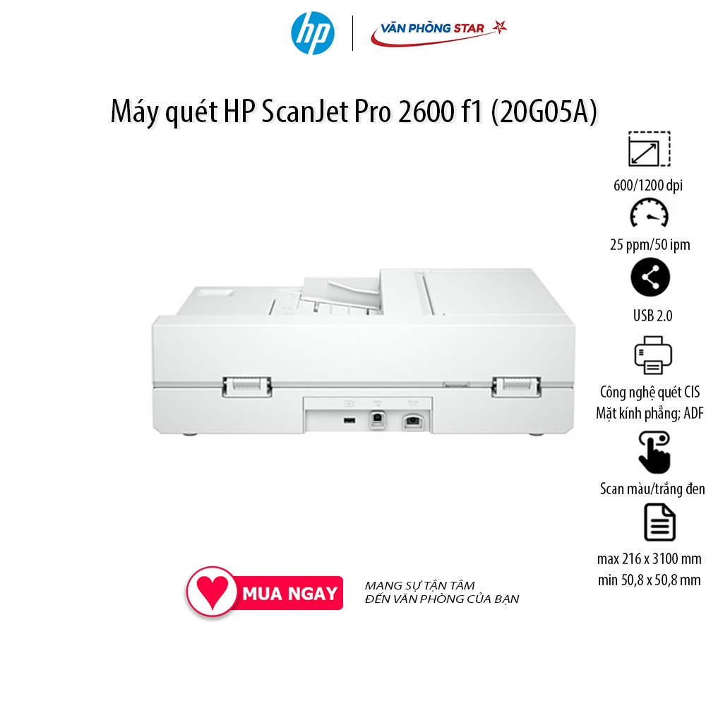 Máy quét HP ScanJet Pro 2600 f1 (20G05A) ADF; Công nghệ quét CIS; Mặt kính phẳng; Lên đến 25 ppm/50 ipm 1200 x 1200 dpi