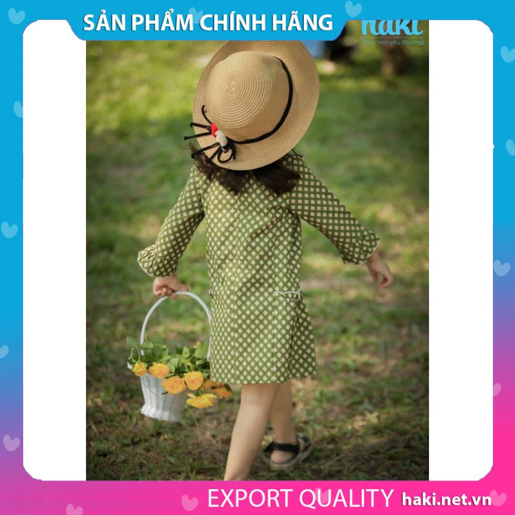 Váy bé gái thô nhún sườn hai tầng-HK494 Haki (Xanh hoa nhụy đỏ)