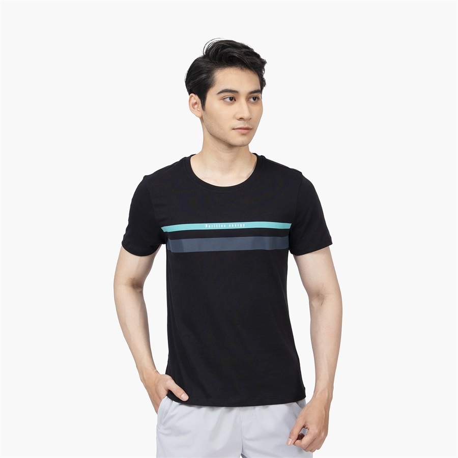 Áo thun nam cổ tròn Aristino ATS010S2 phông ngắn tay dáng suông trơn màu phối kẻ ngang ngực vải cotton cao cấp mềm mại