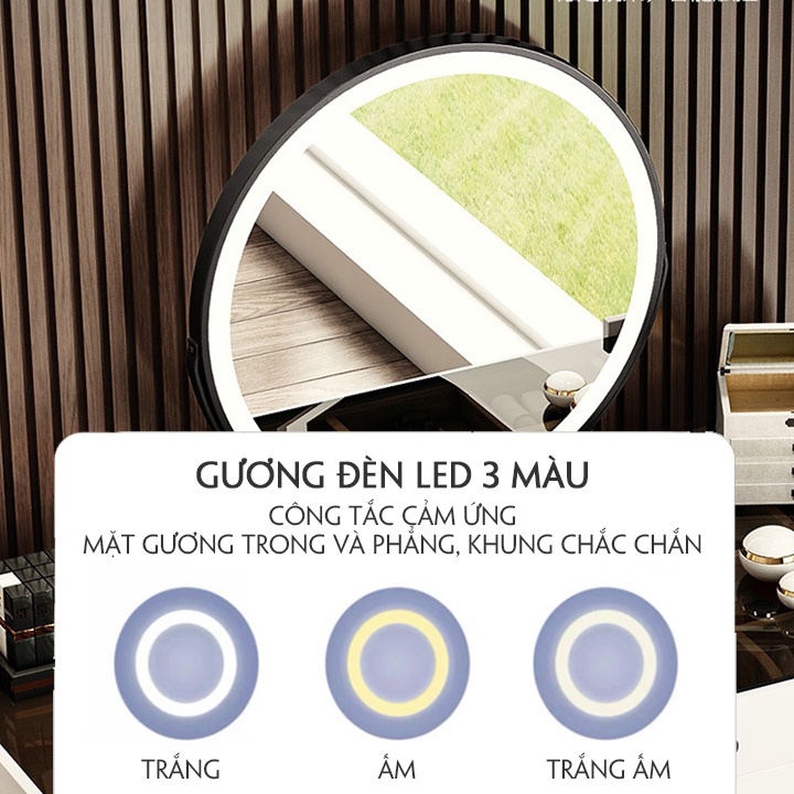 Bàn trang điểm kèm gương phong cách bắc âu, Bộ bàn phấn trang điểm 2 mặt kính họa tiết kim cương cao cấp