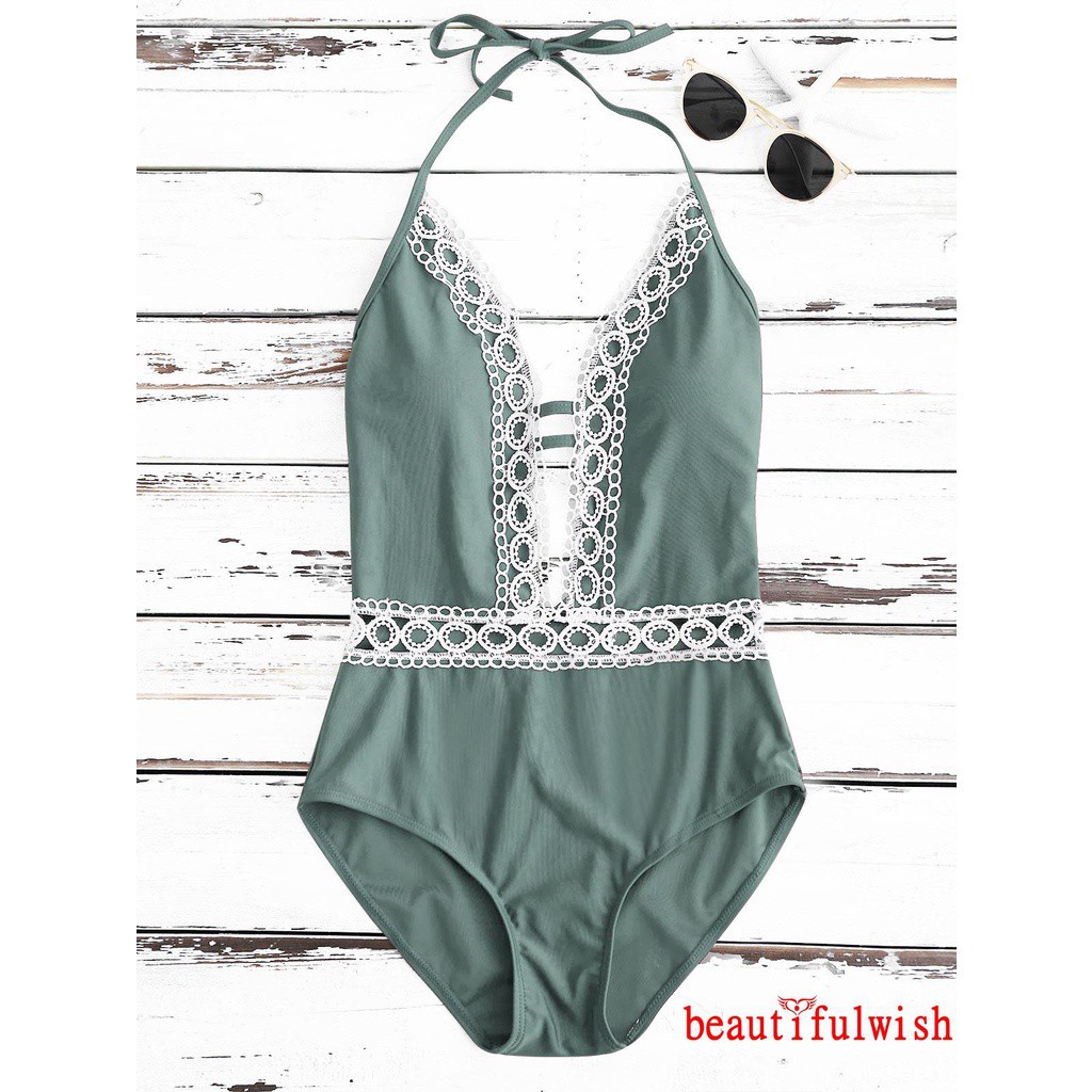 BAY-One-piece Lace Swimsuit, Halter Bathing Suit, Sexy Deep V Neck Swimwear, Vertical Stripes Printing Solid Color Beachwear