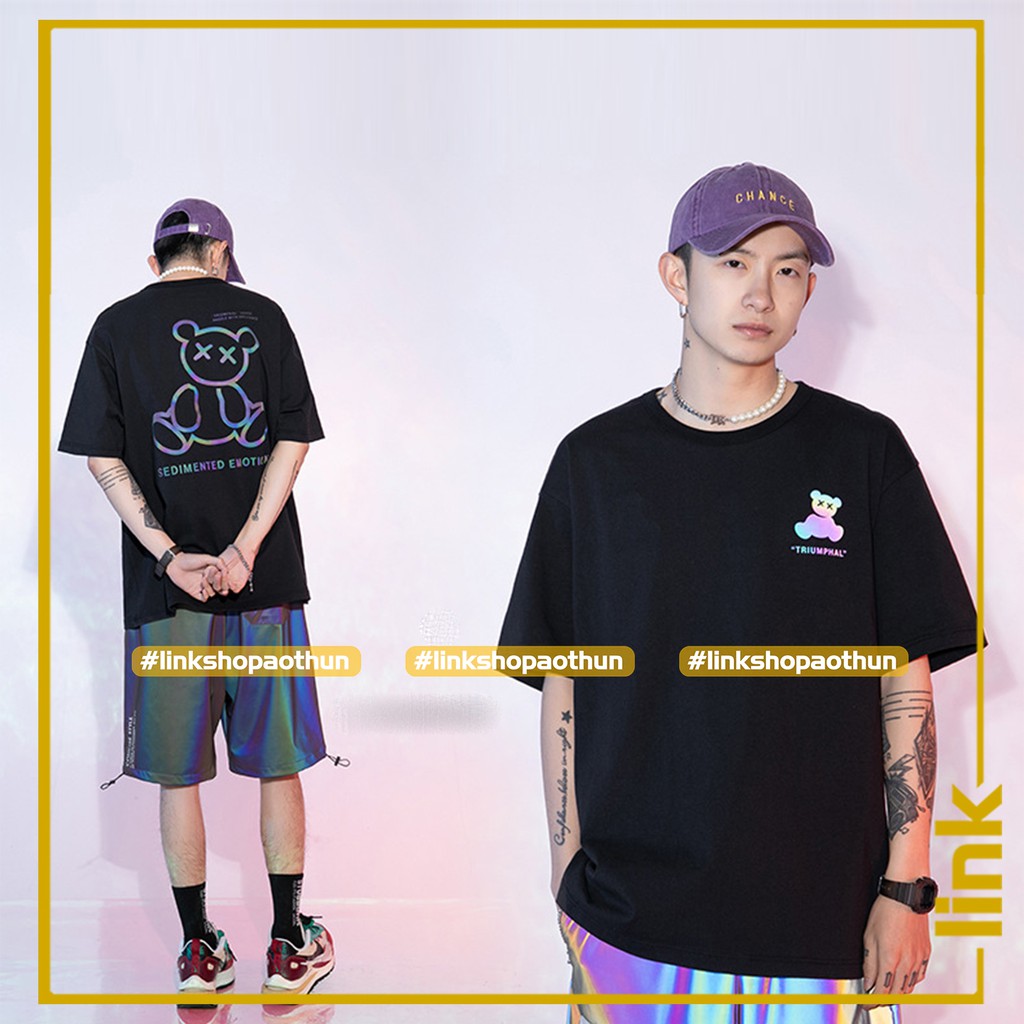 Áo thun GẤU phản quang 7 màu cute nam nữ tay lỡ Unisex