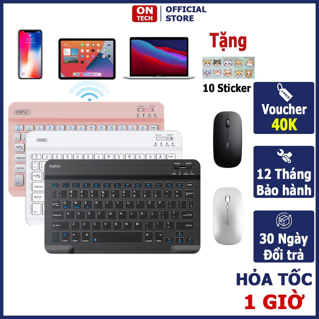 Bàn Phím Chuột Bluetooth Không Dây Cho Ipad Máy Tính Bảng Điện Thoại Laptop Inphic V750B Siêu Mỏng Chống Ồn Dùng Sạc Pin