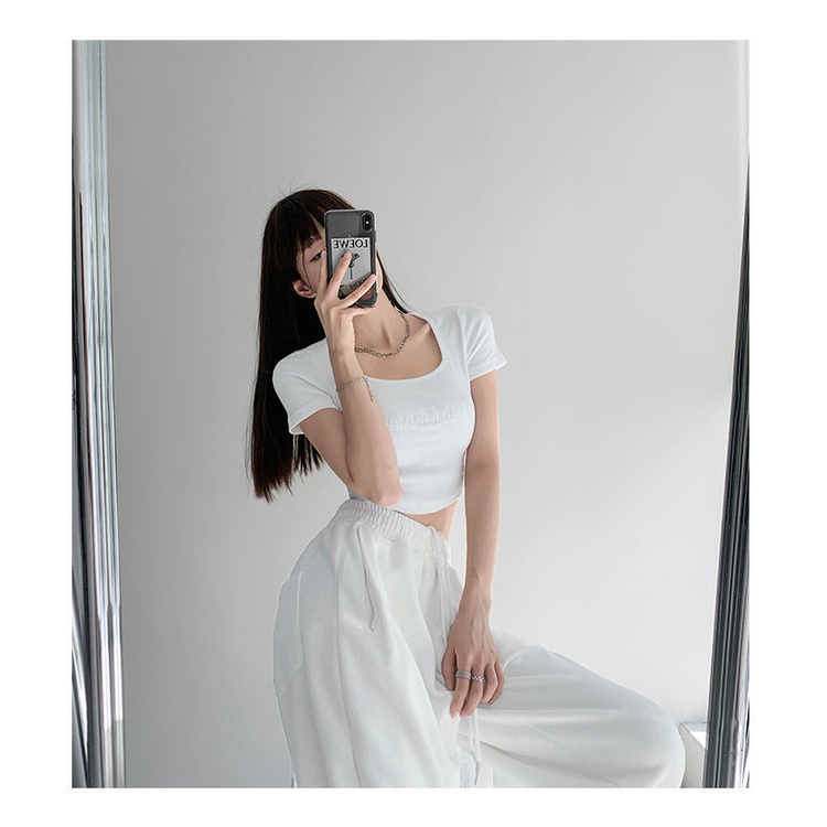 Áo Thun Lửng Tay Ngắn Cổ Vuông Thêu Chữ Phong Cách Retro Dành Cho Nữ