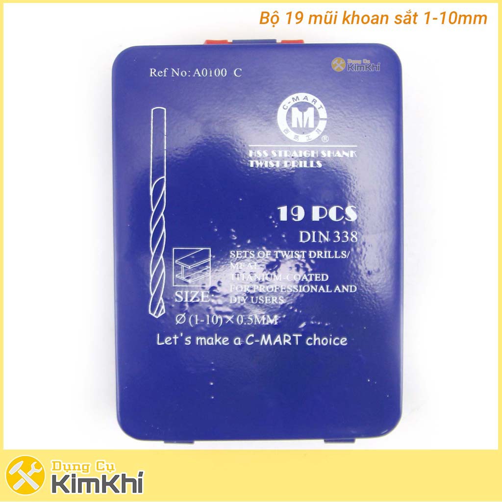Bộ 19 mũi khoan sắt phủ Titanium 1-10mm A0100C C-Mart Tools chuẩn din 338