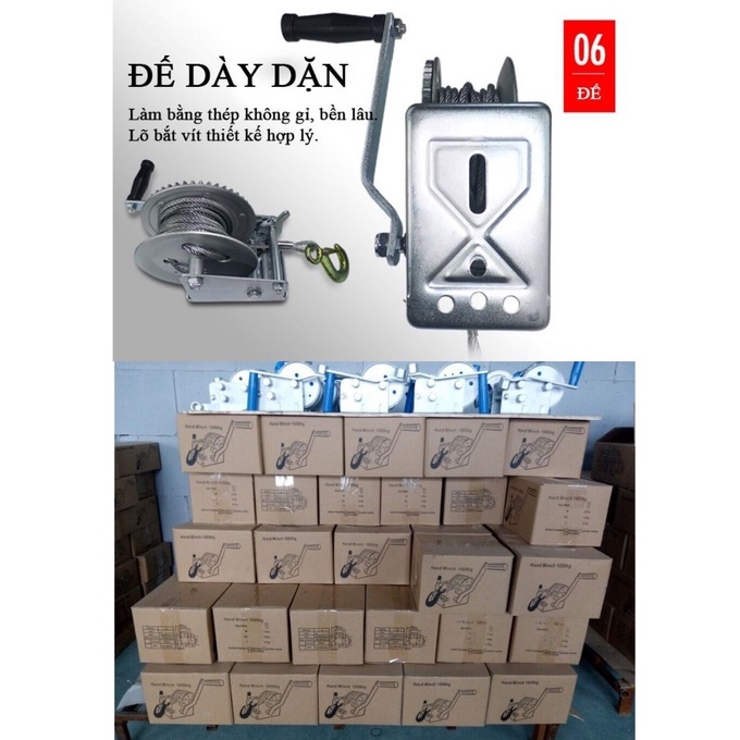 Tời quay tay 800LBS, tời kéo tay tải kéo 320Kg, tải nâng < 150kg, Có Cáp 4ly dài 6 Mét tặng kèm bản mã