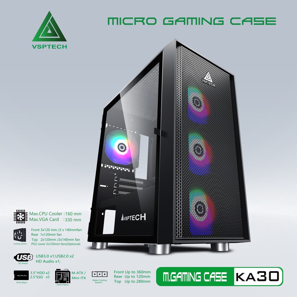 Case Gaming VSP KA30 Mini Tower (Màu Đen-Trắng-Hồng- Xanh)