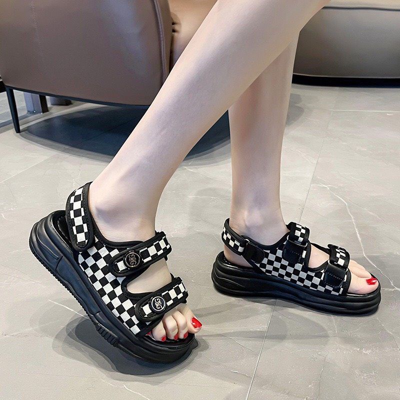 (Loại1)Giày sandal quai hậu nữ kẻ caro chất liệu vải mềm đế cao su 4cm