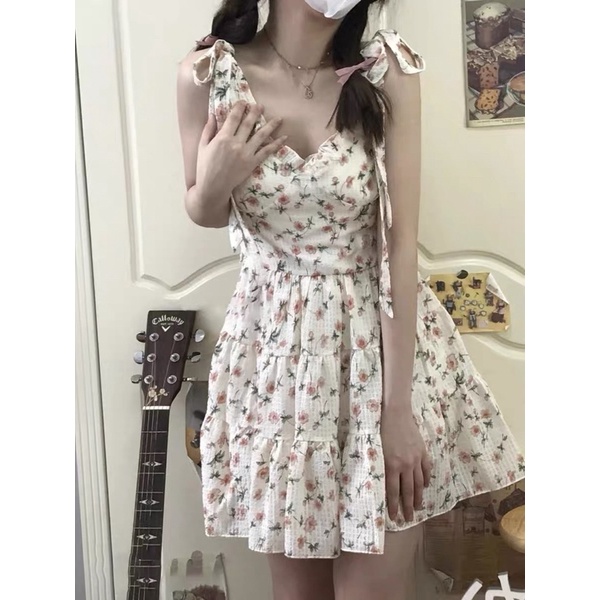 Váy hai dây hoa nhí tiểu thư vintage buộc nơ