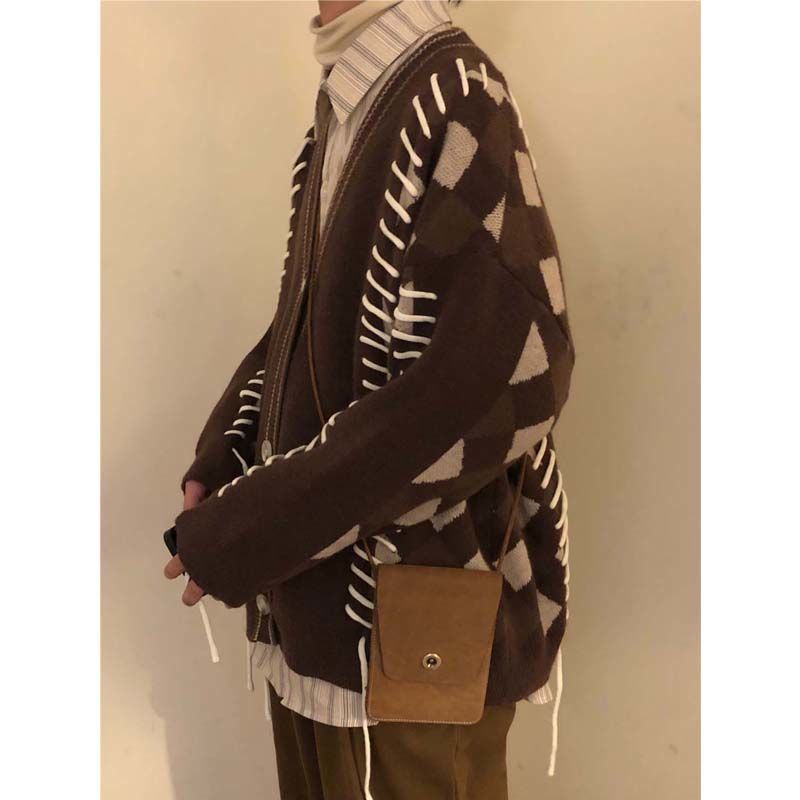 Áo cardigan Dệt Kim Cổ Chữ v Màu Sắc Tương Phản Phong Cách retro Nhật Bản Cho Nam Giới
