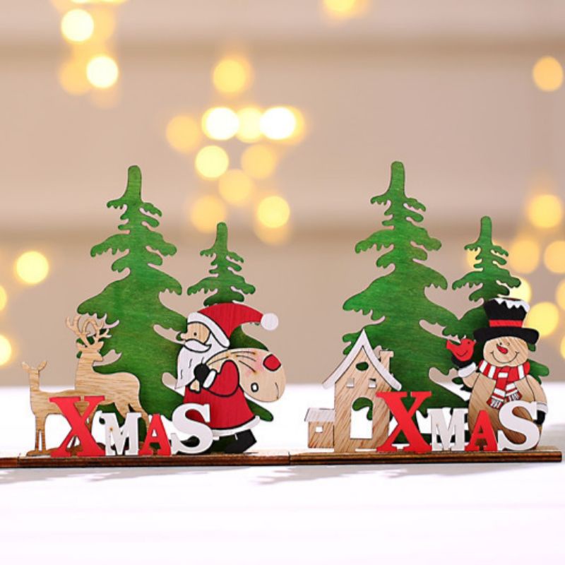 Bộ 2 mô hình gỗ cắt lazer để bàn hình cây thông, người tuyết trang trí Giáng Sinh / Noel / Christmas