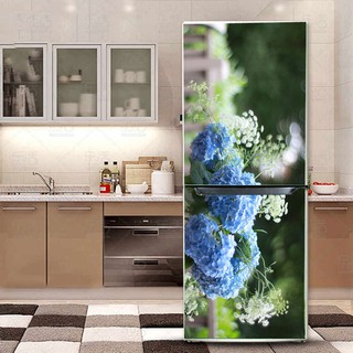 Decal trang trí tủ lạnh mẫu hoa màu xanh