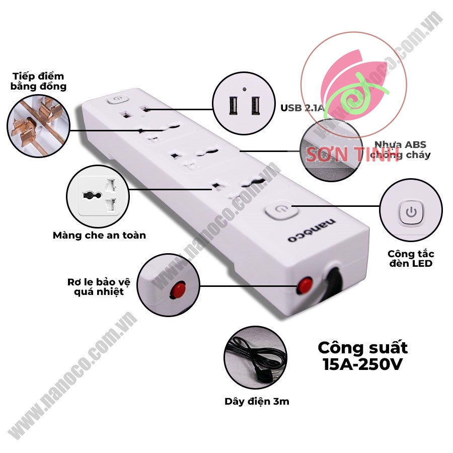 Ổ cắm có dây nối dài Nanoco NES332U-3