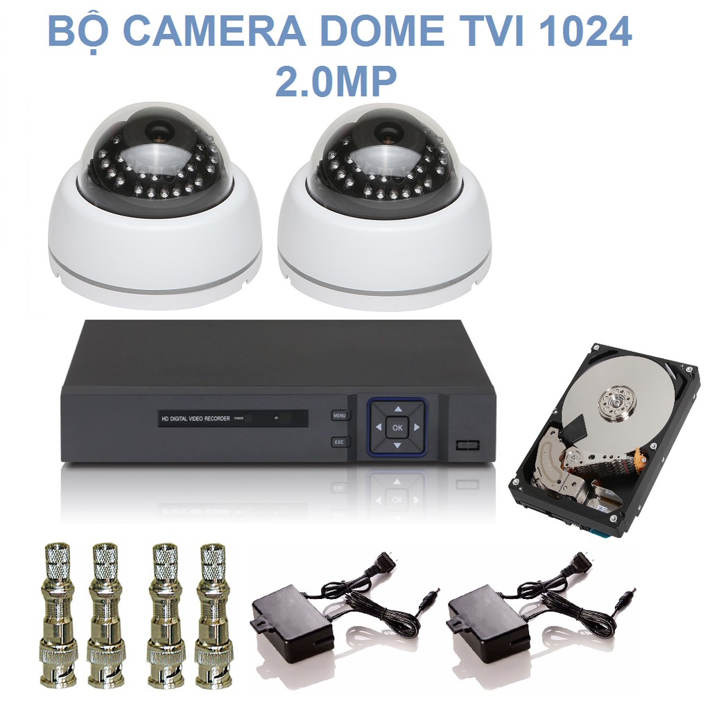 Bộ 2 Camera Dome 24 LED Hồng Ngoại Chuẩn TVI Độ Phân Giải 2.0M Elitek 1024 + Đầu Ghi Elitek + Ổ cứng 160GB