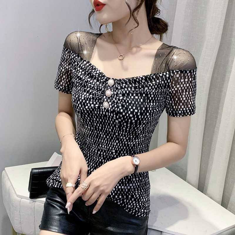 áo lưới nữ áo kiểu trễ vai Cổ Chữ V Phối Lưới Đính Đá Thời Trang