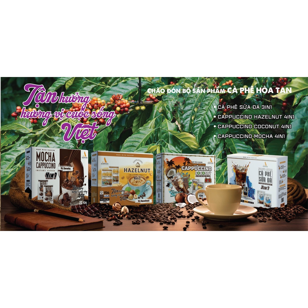 Cà phê pha sẵn hòa tan vị Sô cô la 4in1 (20G x 10Gói) - Mocha Cappuccino Instant Coffee | Authentique Instant Coffee