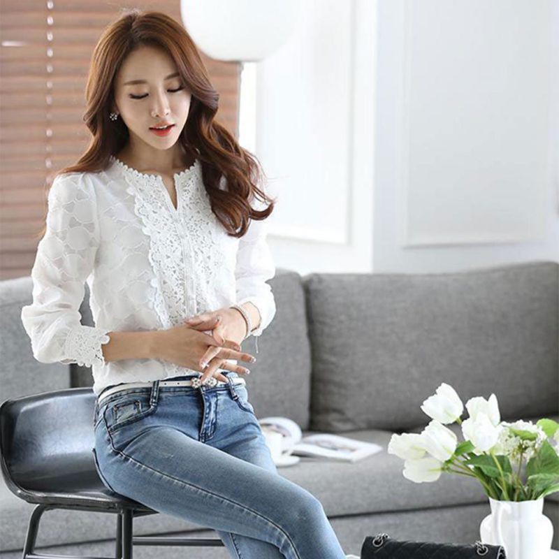 Áo sơ mi kiểu tay dài cổ V viền ren thanh lịch cho nữ