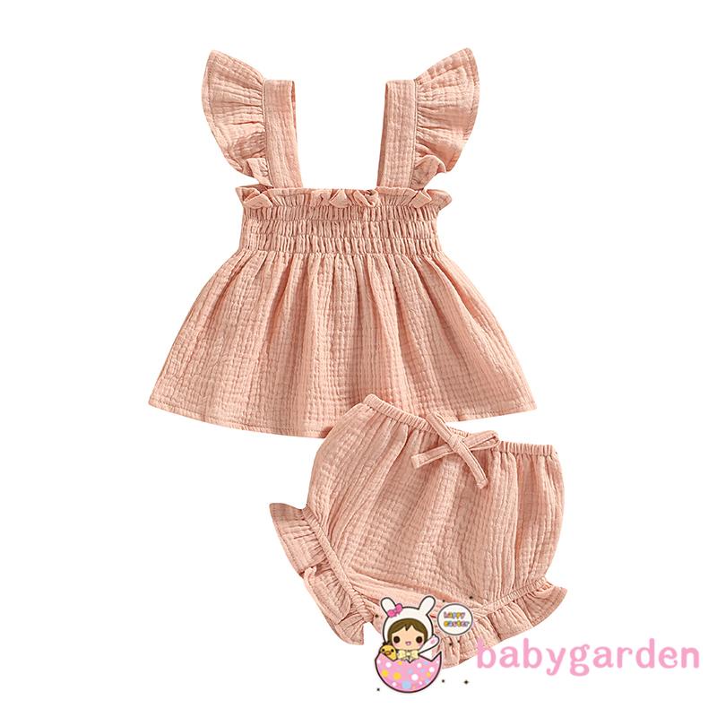 Set Áo Tay Bèo Cổ Vuông + Quần Short Màu Trơn Thời Trang Mùa Hè Cho Bé Gái 0-3 Tuổi