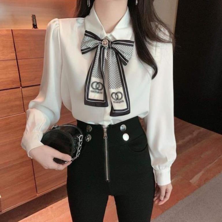 Áo sơ mi nữ form rộng ống tay bo dài cổ phối nơ phong cách thời trang lịch lãm Ulzzang Hàn Quốc