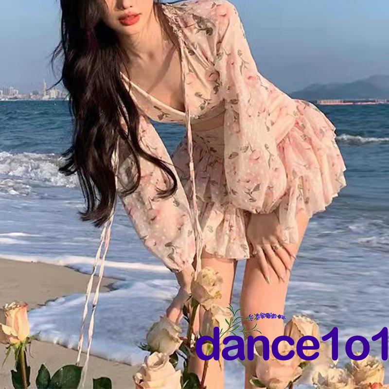 dance1o1-Women Summer Long Sleeve Deep V Neck Floral Crop Tops + Mini Skirt Set