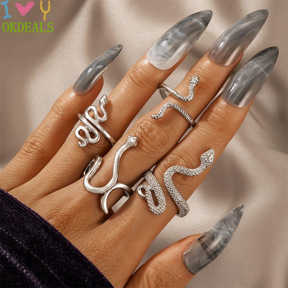 OKDEALS 4Pcs/Set New Midi Finger Jewelry Fashion Hand Accessories Snake Rings Set Women Rock Finger Jewelry 4Pcs/Set Gothic Vintage Punk