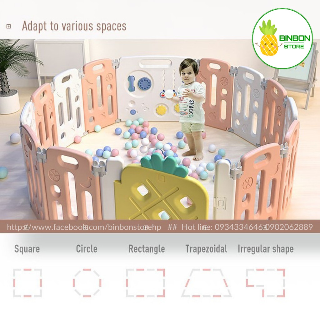 Quây nhựa gấp gọn dứa cute, quây cũi cho bé, Bộ Quây nhựa cho bé cao cấp Bin Bon